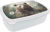 Broodtrommel Wit - Lunchbox - Brooddoos - Bruine beer - Wilde dieren - Bloemen - Planten - 18x12x6 cm - Volwassenen