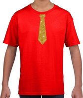 Rood fun t-shirt met stropdas in glitter goud kinderen - feest shirt voor kids 134/140