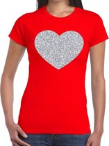 Zilveren hart glitter t-shirt rood dames - dames shirt hart van zilver M