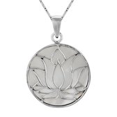 Ketting zilver | Zilveren ketting met hanger, lotusbloem met ronde parelmoer achtergrond