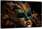 Tuinposter – Venetiaanse carnavals Masker met Blauwe en Gouden Details tegen Zwarte Achtergrond - 150x100 cm Foto op Tuinposter (wanddecoratie voor buiten en binnen)