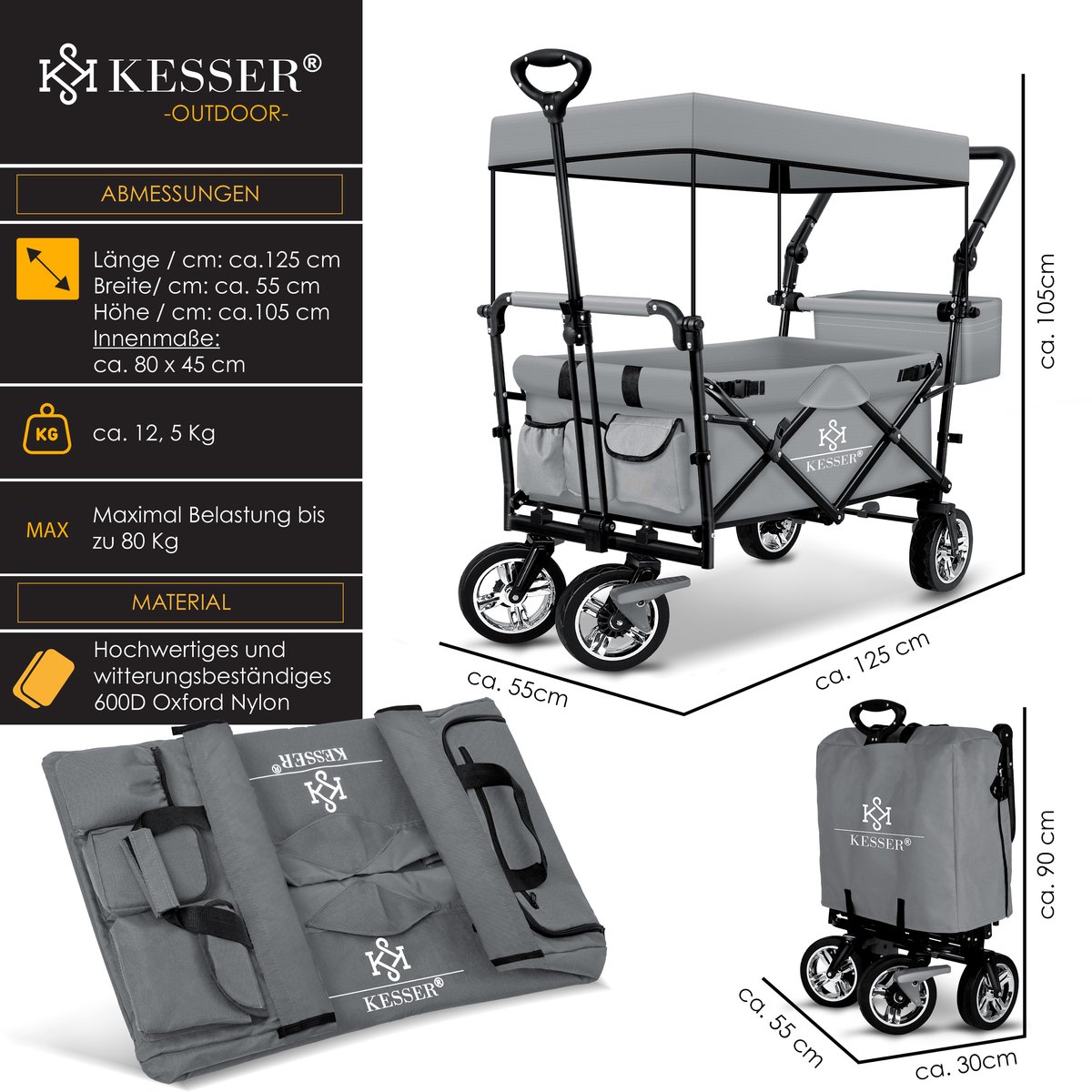 Poussette KESSER® - Handcart Loops 2in1 - Chariot à main avec toit Pliable  - chariot