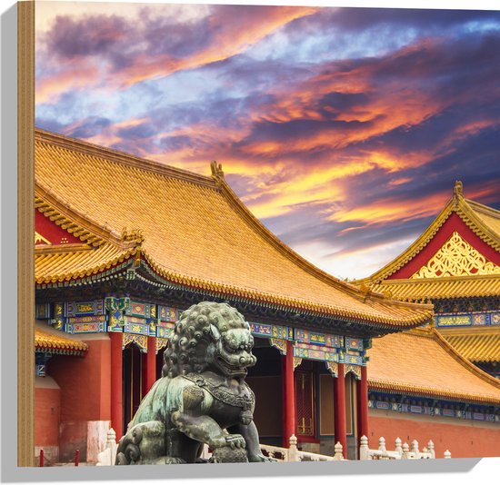 Hout - Tempel met Gouden en Rode Details in Beijing, China - 50x50 cm - 9 mm dik - Foto op Hout (Met Ophangsysteem)