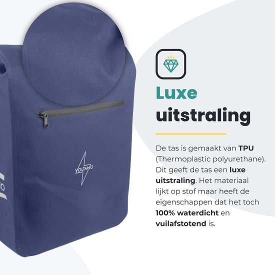 Voltano Luxe E-bike Fietstas / Rugtas - Marine Blauw - 28L - 100% Waterdicht - Gratis Schouderband - Met Groot Laptop Vak van Voltano — afbeelding 2