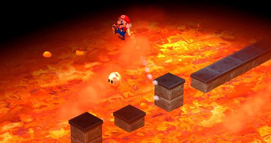 Mario springt boven een lavapool, met geesten en platforms in een donkere kerker.