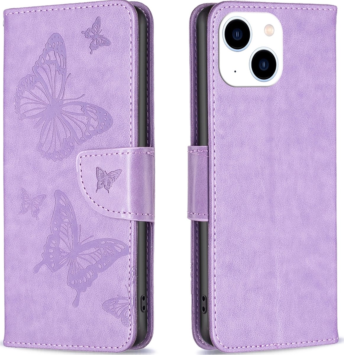 Mobigear Telefoonhoesje geschikt voor Apple iPhone 15 Hoesje | Mobigear Butterfly Bookcase Portemonnee | Pasjeshouder voor 3 Pasjes | Telefoonhoesje voor Pinpas / OV Kaart / Rijbewijs - Paars