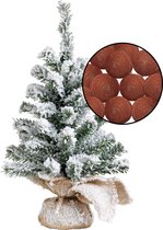 Mini kerstboom besneeuwd -incl. lichtslinger met bollen terracotta bruin- H45 cm