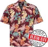 Hawaii Blouse - Shirt - Hemd - 100% Katoen - Overhemd Heren Korte Mouw - Made in Hawaii "Tropische Oase Bordeaux" Maat L
