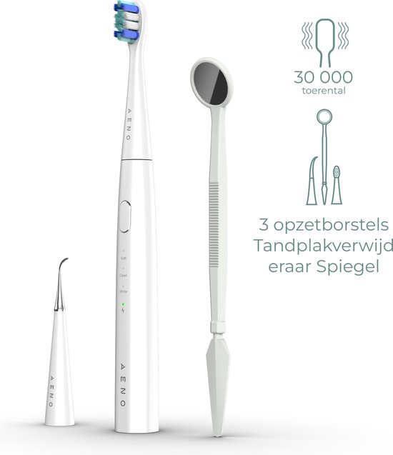 AENO DB8 - Sonische tandenborstel - Plak Verwijderaar - Spiegel - Ook voor kinderen - 3 standen - 3 Opzetborstels - 30000 tpm - 100 dagen zonder opladen - IPX7 Wit
