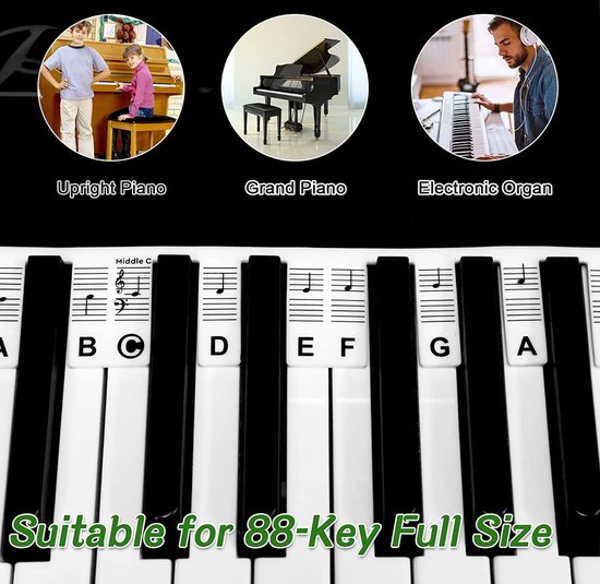 88 Touches Autocollants pour Clavier de Piano, Autocollants Notes Clavier  en Silicone, Étiquettes de Clavier de Piano Amovibles, Barres de Notes de