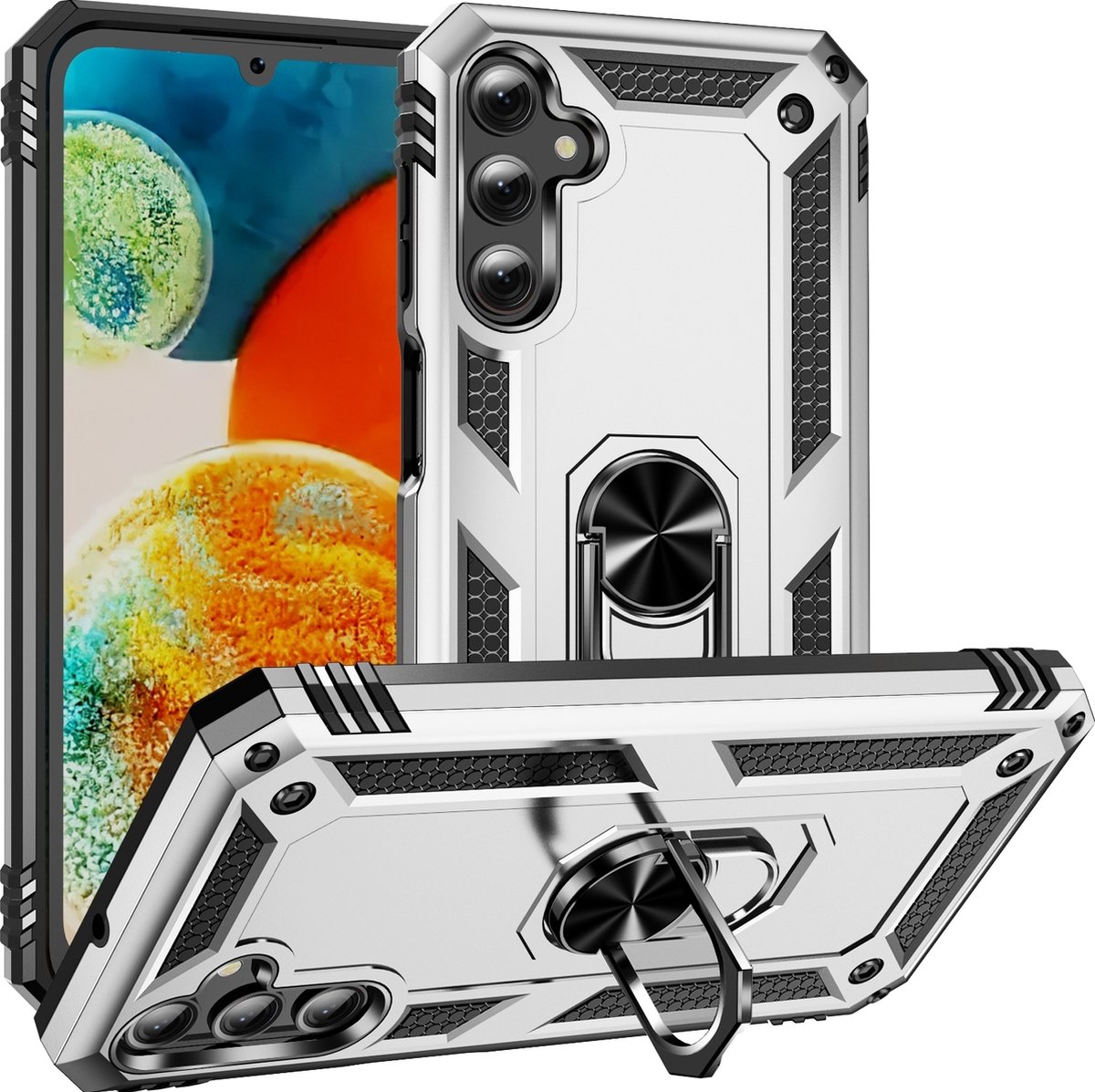 Mobigear Hoesje geschikt voor Samsung Galaxy A24 Telefoonhoesje Hardcase | Mobigear Armor Ring Backcover Shockproof met Ringhouder | Schokbestendig Galaxy A24 Telefoonhoesje | Anti Shock Proof - Zilver