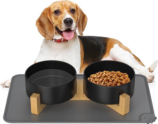 GUUSII HOME Hondenvoerbak Verhoogde hondenkom Groot medium Hondenvoerstation Verhoogde voerbak Grote roestvrijstalen kommen 1500ml Hondenbar Komstandaard Hoog Bamboe 57,5 ​​* 24 * 29 cm