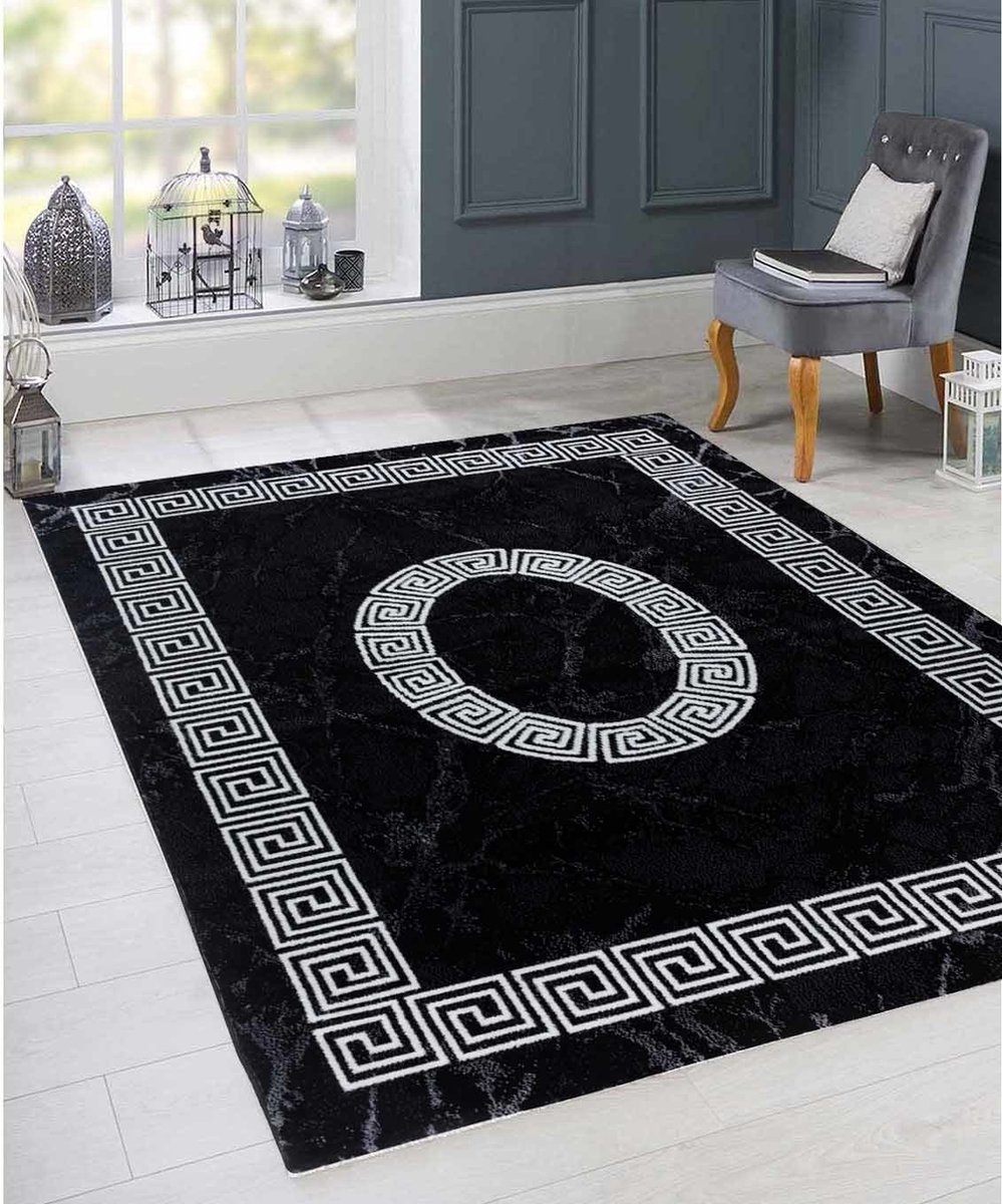 flycarpets Marlon Vloerkleed Zwart / Wit - Laagpolig Tapijt - Loper - 80x300 cm