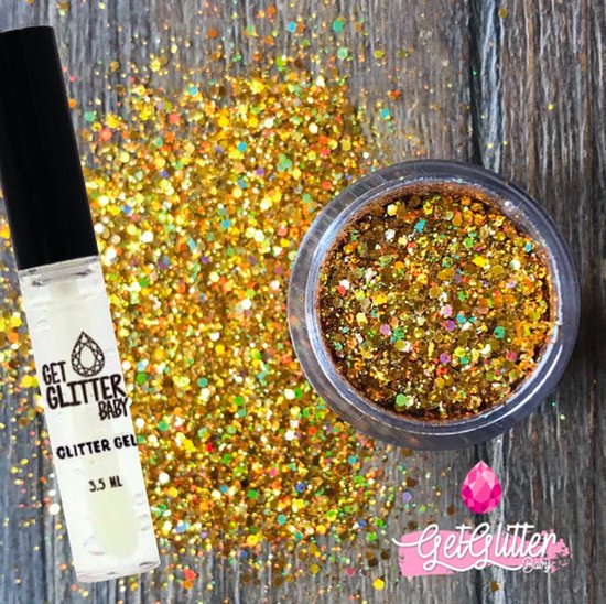 Potje met gouden festivalglitters en een tube met glittergel van GetGlitterBaby.