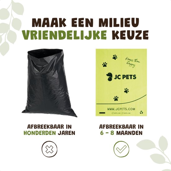 Vergelijking van een zwarte, langzaam afbreekbare zak met een groene, snel afbreekbare JC Pets zak met pootafdrukken.