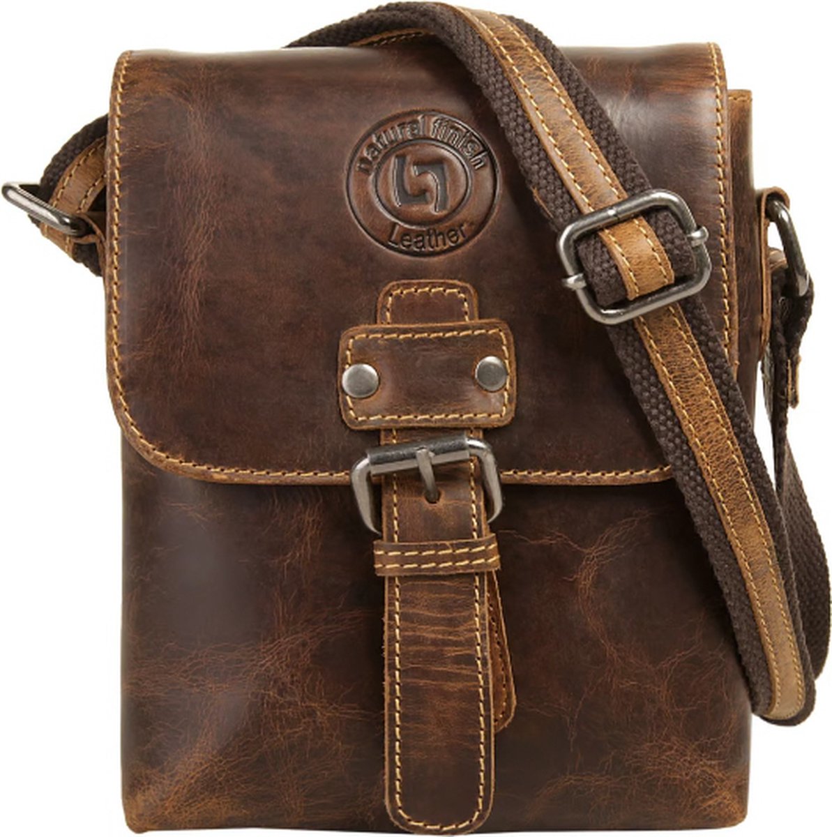 Landleder - Schoudertas / Crossbody Bag - "New Grassland" - Klein model - Leer - "Pull-up Effect" - Bruin - afmeting : 17 x 6 x 22 cm.