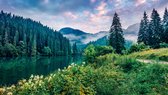 Fotobehang Dramatic Morning Scene Of Lacu Rosu Lake. Misty Summer Sunrise In Harghita County, Romania, Europe. Beauty Of Nature Concept Background. - Vliesbehang - 312 x 219 cm