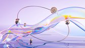 Fotobehang Abstract 3D Render. Glass Ribbon On Water With Geometric Circle And Spheres. Holographic Shape In Motion. Iridescent Digital Art For Banner Background, Wallpaper. Transparent Glossy Design Element. - Vliesbehang - 460 x 300 cm