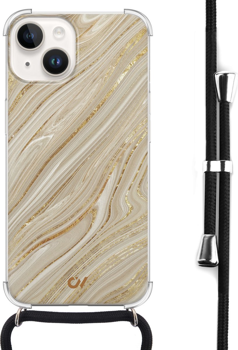 Casevibes - Telefoonhoesje met koord - Geschikt voor Apple iPhone 14 - Golden Marble - Goud -