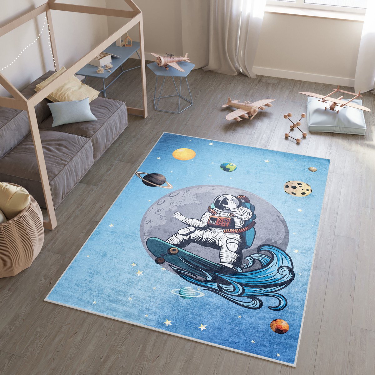 Tapiso Emma Vloerkleed Astronaut Blauw Kinderkamer Tapijt Maat- 140x200 Blauw 2