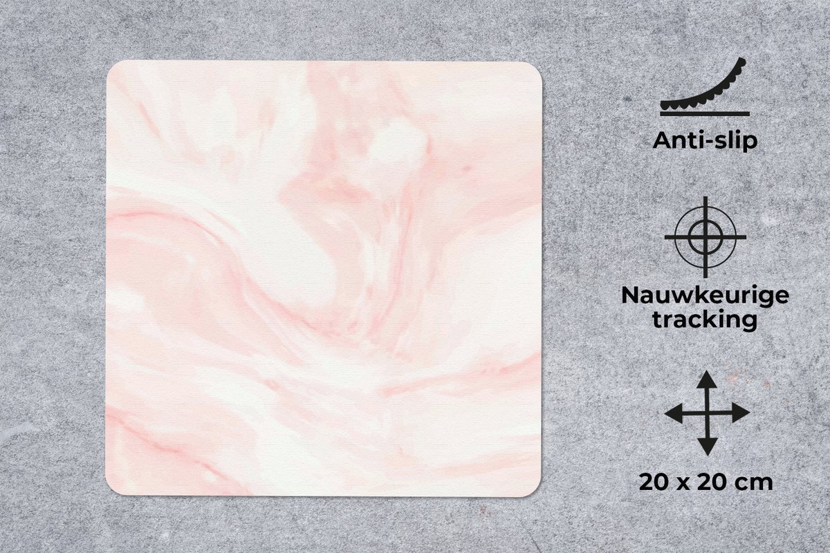 Muismat 20x20 cm - Mousepad Marmer - Wit - Roze - Pastel - Muismatten