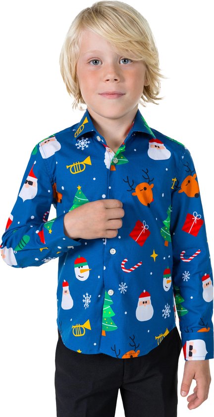 OppoSuits SHIRT LS Festivity Blue Boys - Kids Overhemd - Kerstshirt - Blauw - Maat 8 Jaar