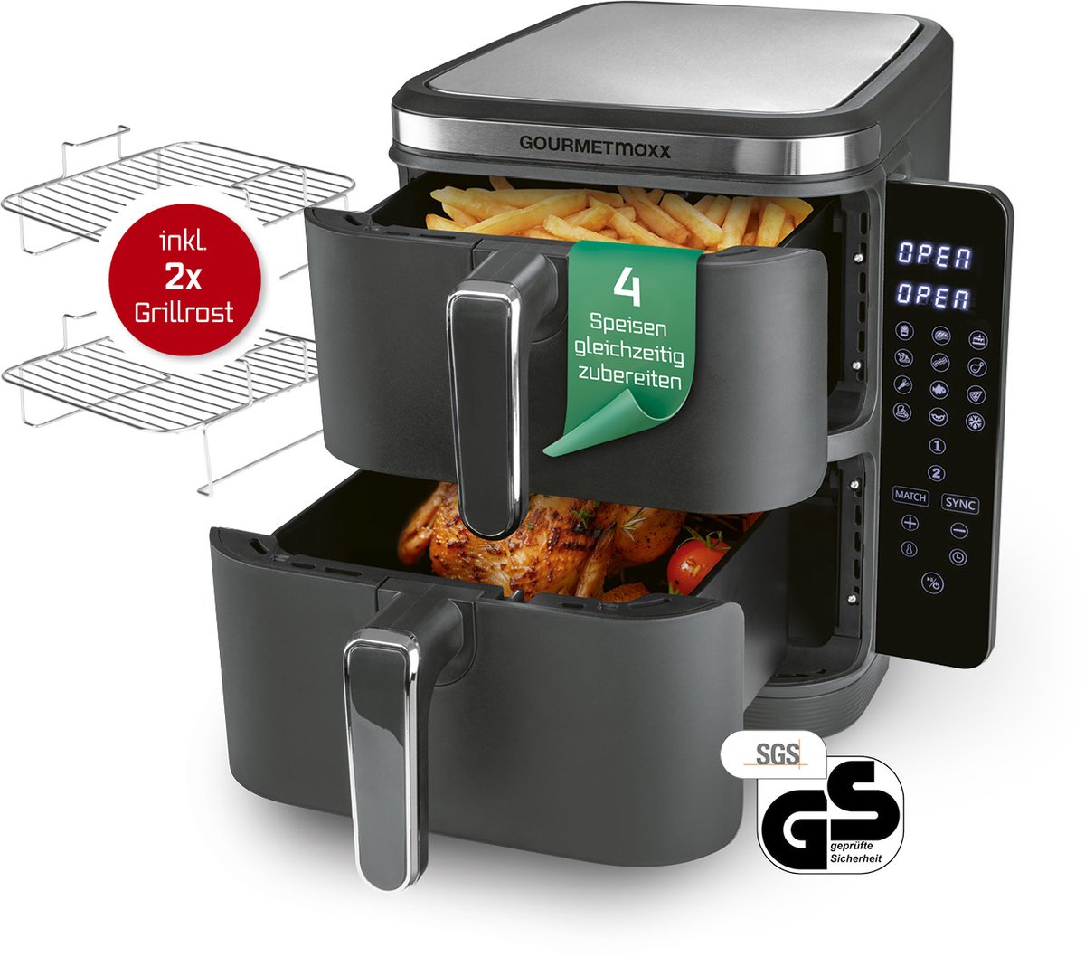 GOURMETmaxx FryUp Verticale heteluchtfriteuse met dubbele kamer, verticale airfryer, inklapbaar touchscreen, 32% ruimtebesparend, inhoud 10 liter, heteluchtfriteuse, 2 kamers