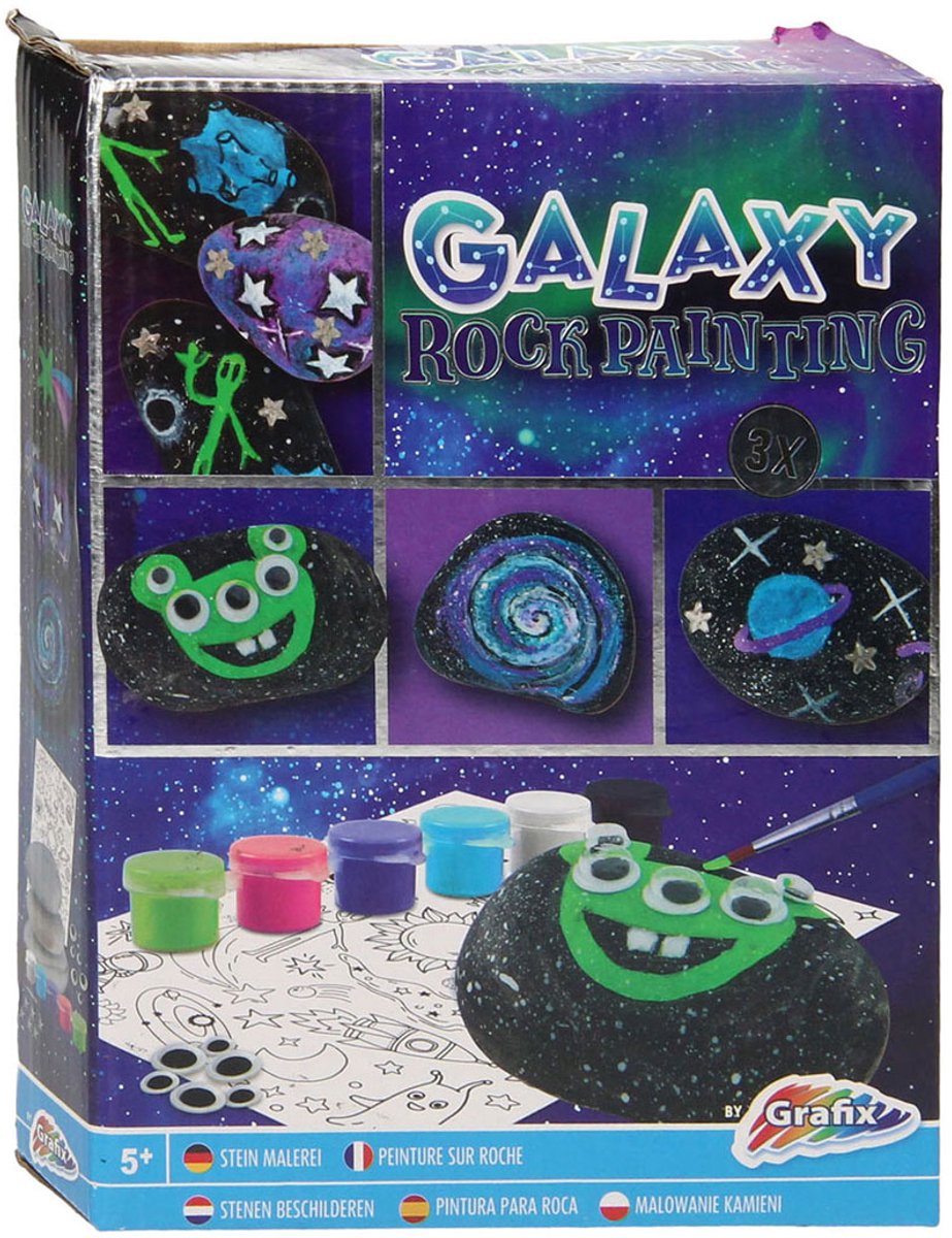 Grafix Galaxy Rock Painting - Set voor Happy Stones met 3 stenen, 5 kleuren verf, zilveren sterren en stickervel - Creatief speelgoed voor kinderen vanaf 5 jaar - Inclusief kwast — afbeelding 13