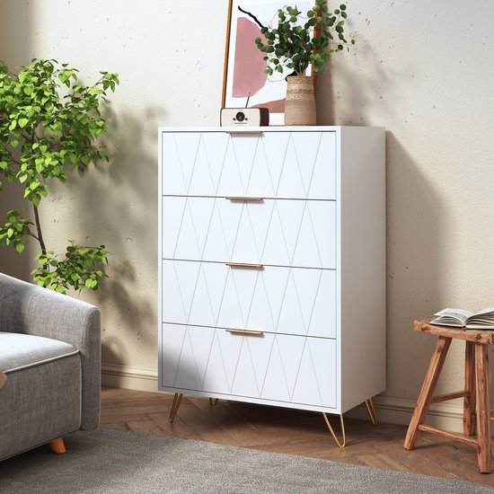 Buffet 4 tiroirs, commode, commode, meuble d'appoint, meuble étroit pour salon, chambre, couloir 60x34x90cm, blanc