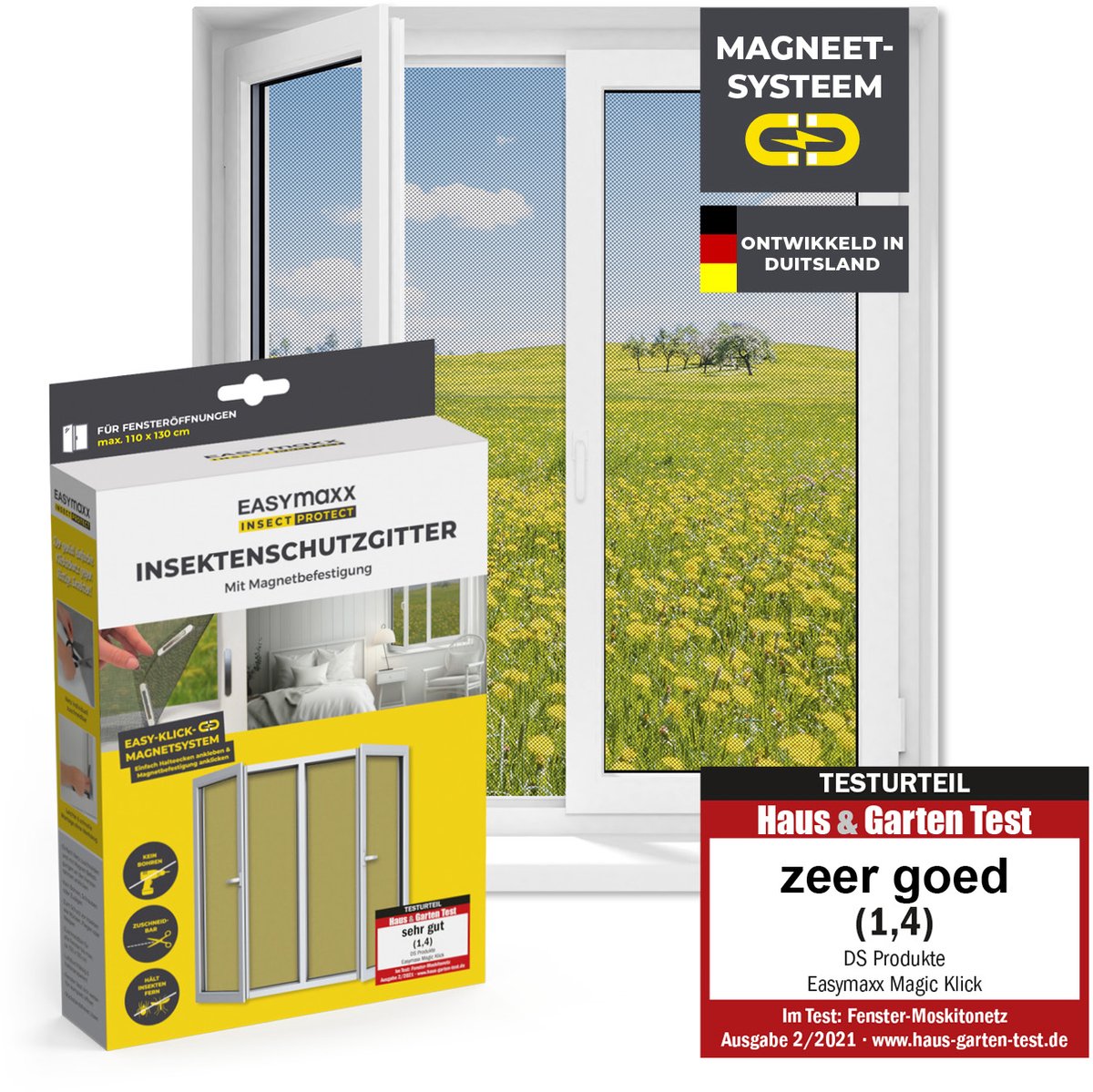 EASYmaxx Insect Protect Vliegengaas voor ramen met magnetische bevestiging, op maat te snijden muggennet, insectenbescherming voor ramen tot 110 x 130 cm, muggenbescherming, magneet, eenvoudige, zwart, 1 stuk