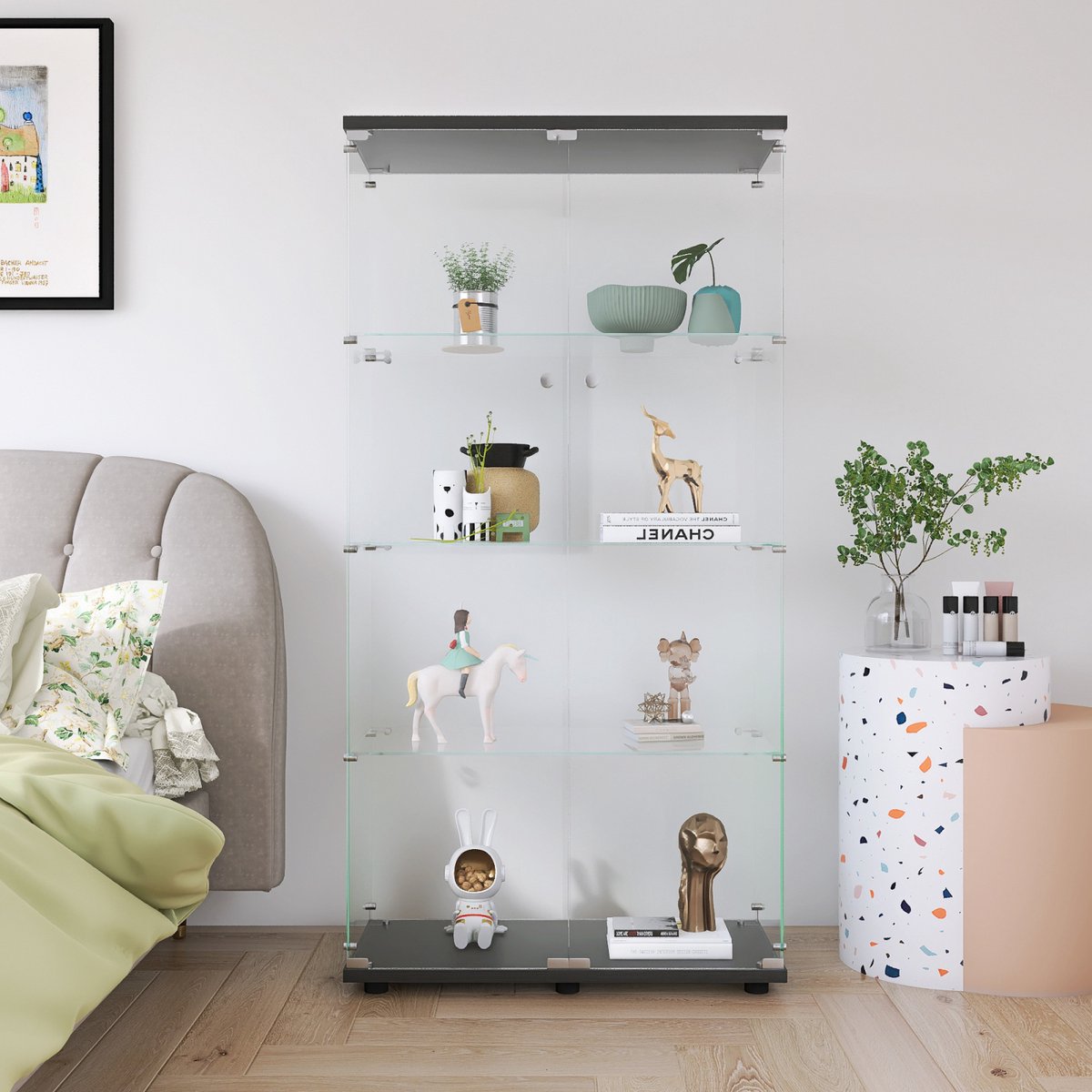 Glazen vitrinekast, moderne vitrinekast met 2 deuren en 4 legplanken van ESG-glas, verzamelvitrine voor de bar, de woonkamer, 164 x 80 x 36 cm, zwart