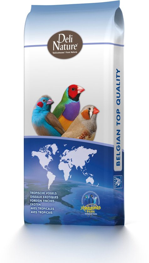 Deli Nature vogelsvoer met drie kleurrijke tropische vogels en een wereldkaart op de voorkant. "BELGIAN TOP QUALITY" staat verticaal.