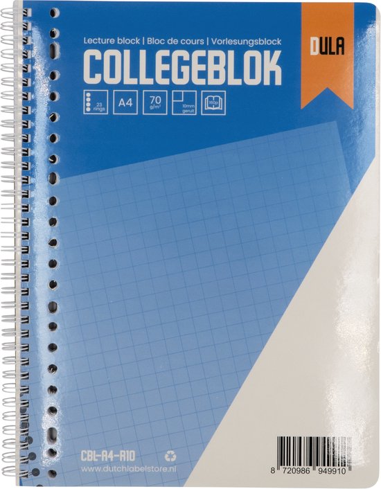 Een blauw-wit A4 collegeblok van DULA met spiraalbinding. De voorkant heeft tekst en iconen, waaronder 'COLLEGEBLOK' en 'A4'.