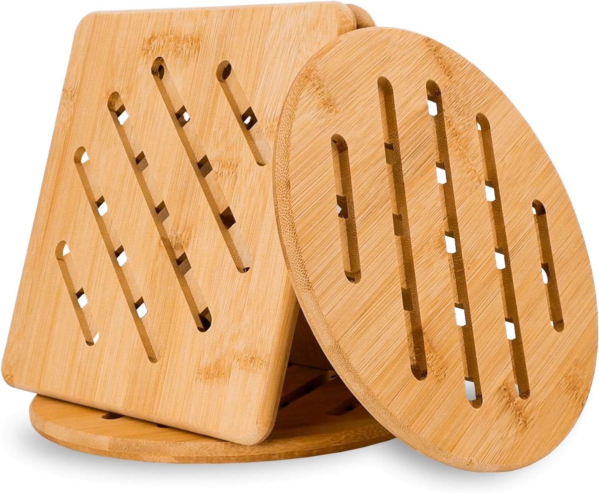 Natuurlijke bamboe onderzetter, set van 4 antislip hittebestendige onderzetters voor hete gerechten, potten en pannen - vierkante en ronde grote onderzetters (20 cm)