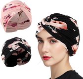 Allecto Plus - Zomer tulbanden set voor dames zwart roze design 56-67 cm - Chemo hoofddeksel - Lichtgewicht hoofddoek - Plissé mutsen