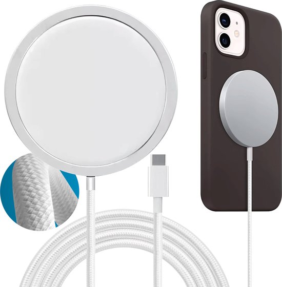 Chargeur sans fil MagSafe – Câble tressé – Chargeur rapide 15 W – Magnétique – Compatible avec iPhone 12 à 16
