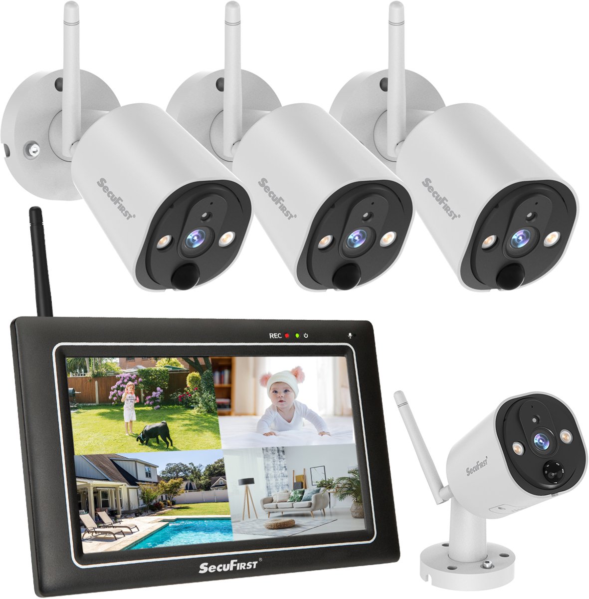 SecuFirst CWL401W/4 Draadloze 3 megapixel Beveiligingscamera met monitor - 7 inch touchscreen + 4 camera's - Wit - Gratis app