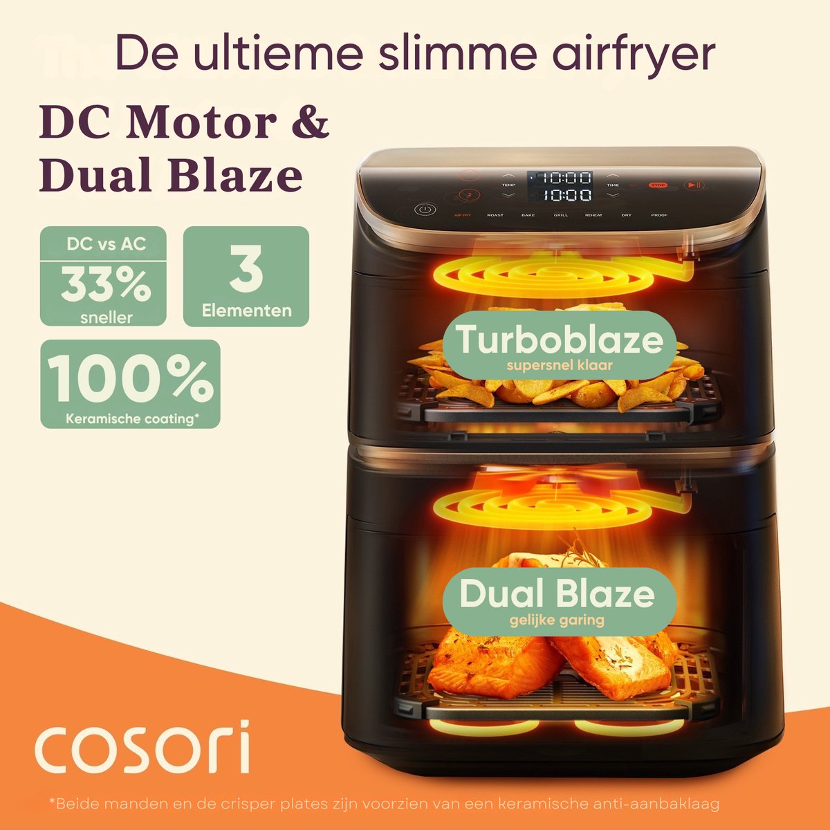 Cosori TurboTower Pro – Dubbele Airfryer XXL – 10.8L – Keramische Coating – 2 Manden Apart Instelbaar – 7 Programma’s — afbeelding 4