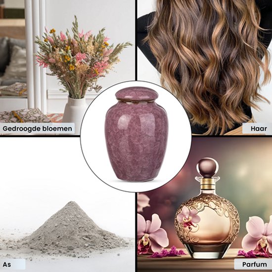 Paarse urn met bloemmotief in een collage met gedroogde bloemen, haar, as en parfum.
