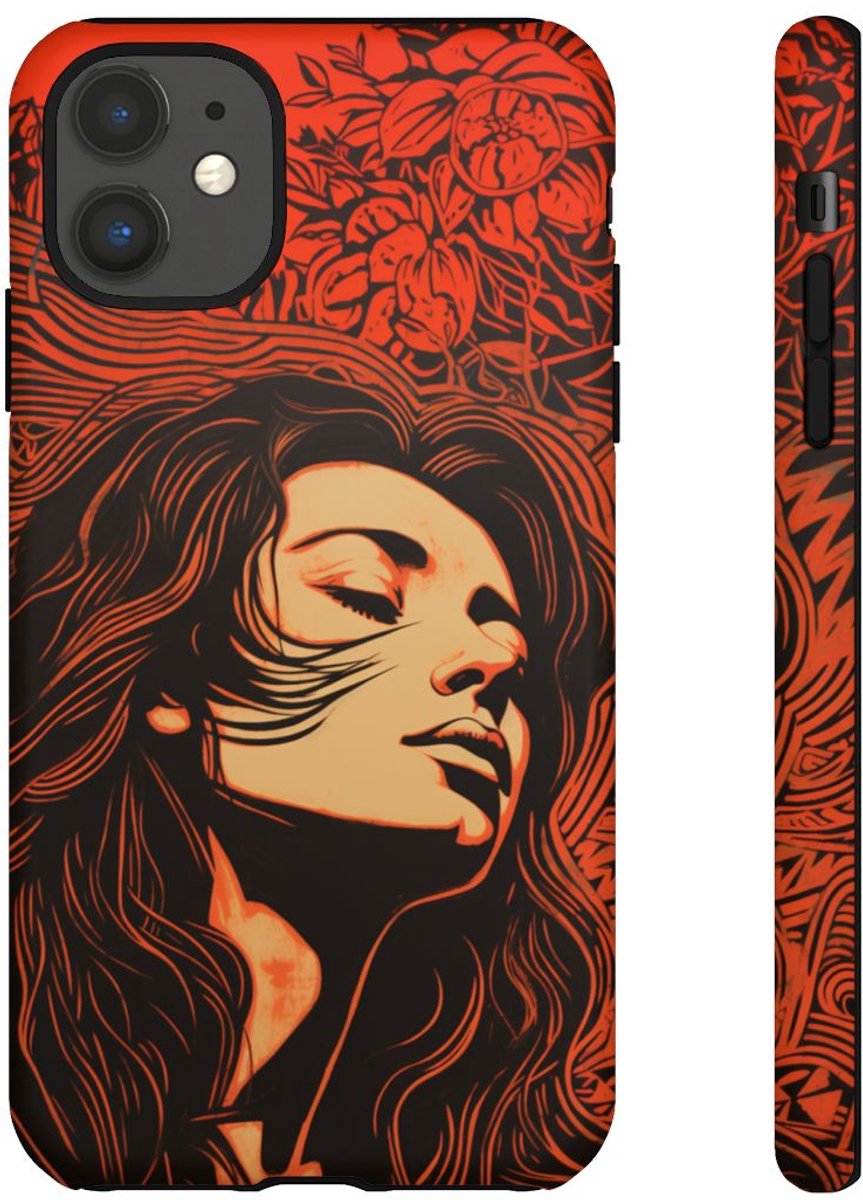 Linosnede Portret van Vrouw met Bloemen – Telefoonhoesje Geschikt voor iPhone 11