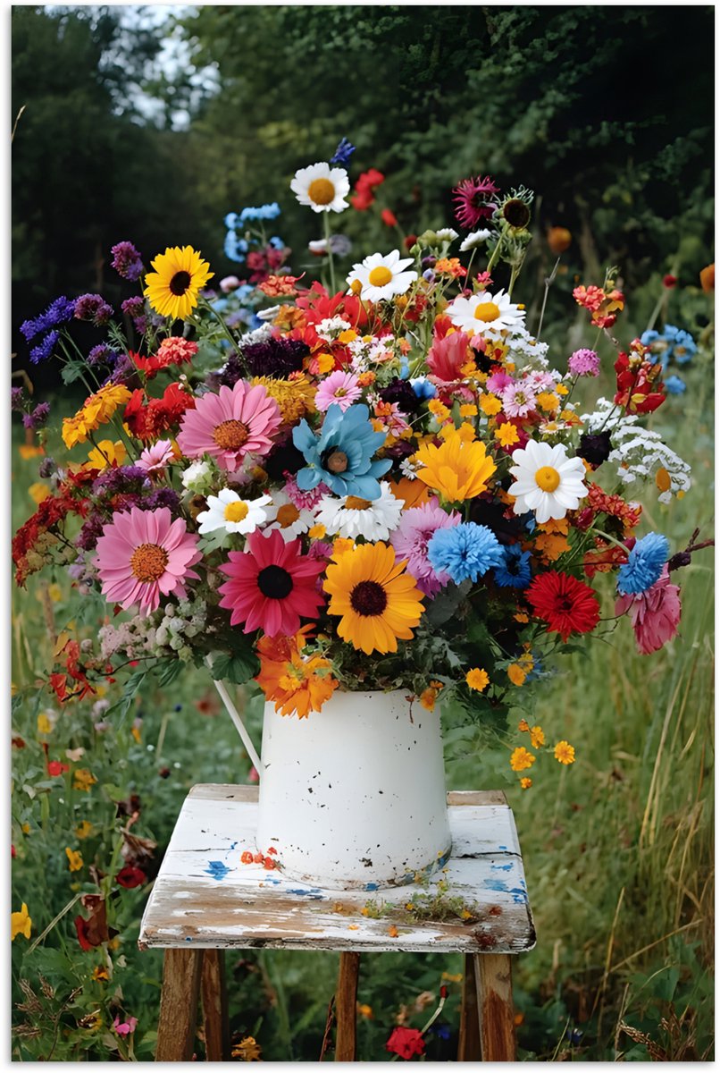 Poster 60x90 cm - Bloemen - Krukje - Gieter - Veld - Posters - Kamer decoratie - Wanddecor