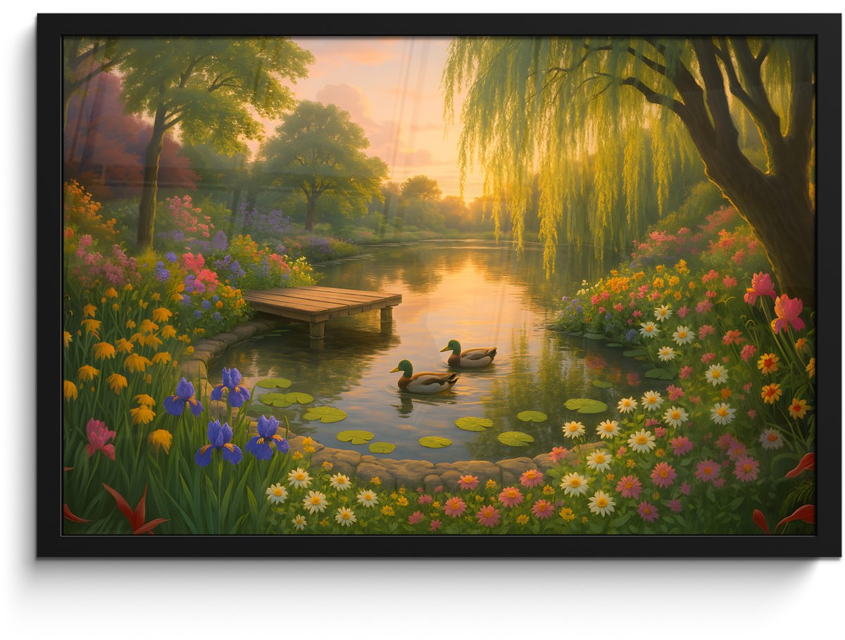 FrameYourWall Poster in lijst - Fotolijst 60x40 cm - Posters - Eenden - Vijver - Bloemen - Posterlijst zwart - Decoratie - Wanddecoratie woonkamer - Muurdecoratie slaapkamer