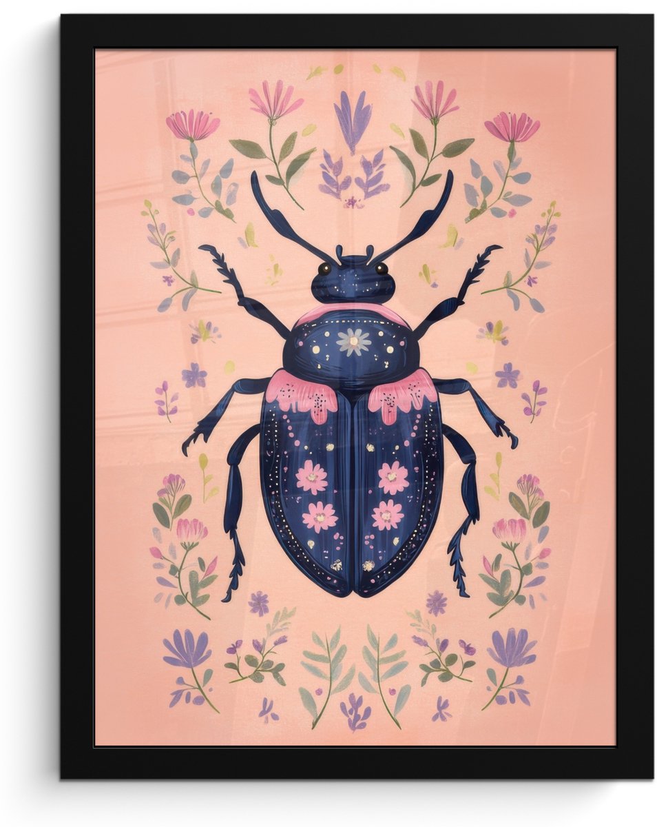 FrameYourWall Poster in lijst - Fotolijst 30x40 cm - Posters - Kever - Donkerblauw - Bloemen - Sierlijk - Posterlijst zwart - Decoratie - Wanddecoratie woonkamer - Muurdecoratie slaapkamer Bloemen - Kever