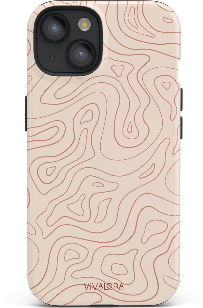 VivaLora Tough Telefoonhoesje iPhone 14 met MagSafe - Wavy Lines Print - 2-in-1 Phone Case - Hard Case & Siliconen Backcover - Extra Bescherming - Shockproof Cover - Ecru/Rood