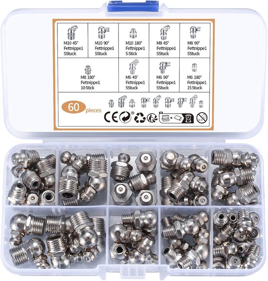 60 stuks smeernippels assortiment kit - kegelsmeernippel - hydraulische