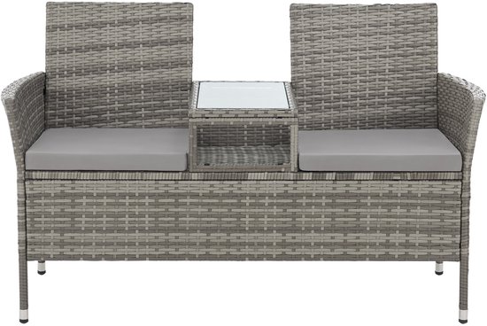 Vooraanzicht van een SVITA CHICAGO grijze rotan tuinbank met twee zitjes en een geïntegreerd tafeltje.