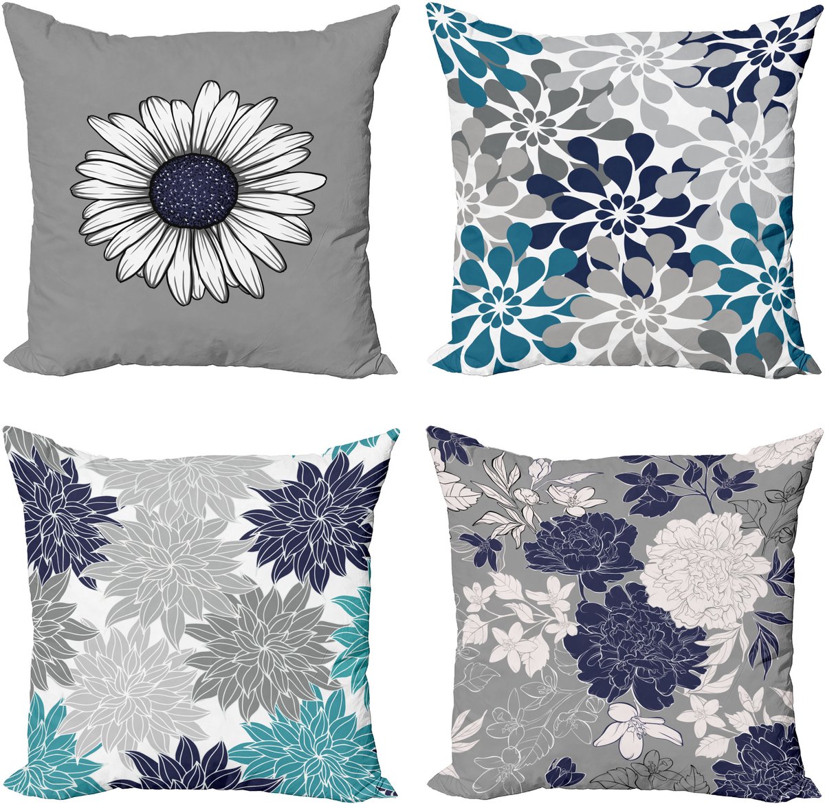 New Bed Bloemrijk Bloemblaadjes in Moderne Kleurenpalet Koele Tinten Kussenhoes met sierkussen, 4-pack, modern accent, dubbelzijdig digitaal bedrukt, 50 cm x 50 cm Grijs Marineblauw