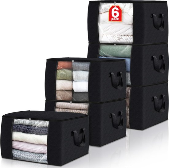 Lifewit 6 stuks, opbergbakken voor onder het bed, opvouwbare kledingopbergzakken met transparant venster, kastorganizer voor handdoeken, kleding, dekens, zwart Lifewit 6 stuks, opbergbakken voor onder het bed, opvouwbare kledingopbergzakken met transparant venster, kastorganizer voor handdoeken, kleding, dekens, zwart
