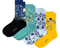 Kunst sokken - Hemelse Harmonieën 4-pack: Vincent van Gogh, Gustav klimt - Sokken Dames 36 40 - Biologisch Katoenen Sokken - funny socks happy - Vrolijke Sokken - Grappige Sokken - Sokken Cadeau