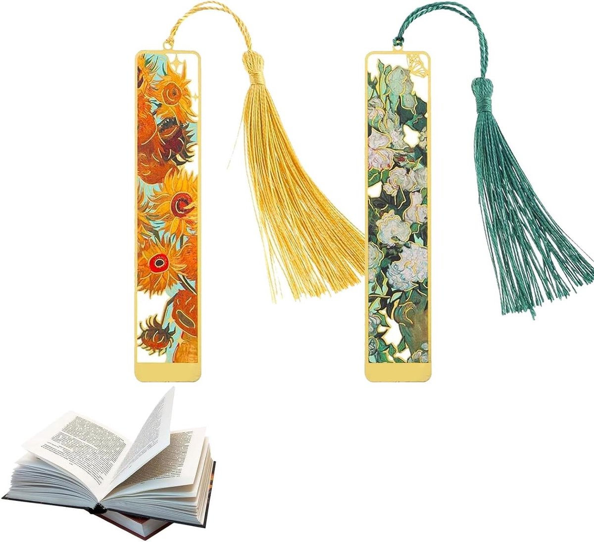 Allecto Plus - Set van 2 metalen kwastjes bladwijzers voor boekenliefhebbers en schrijvers - Goudkleurige holle olieverf motieven - Zonnebloem en witte roos deco